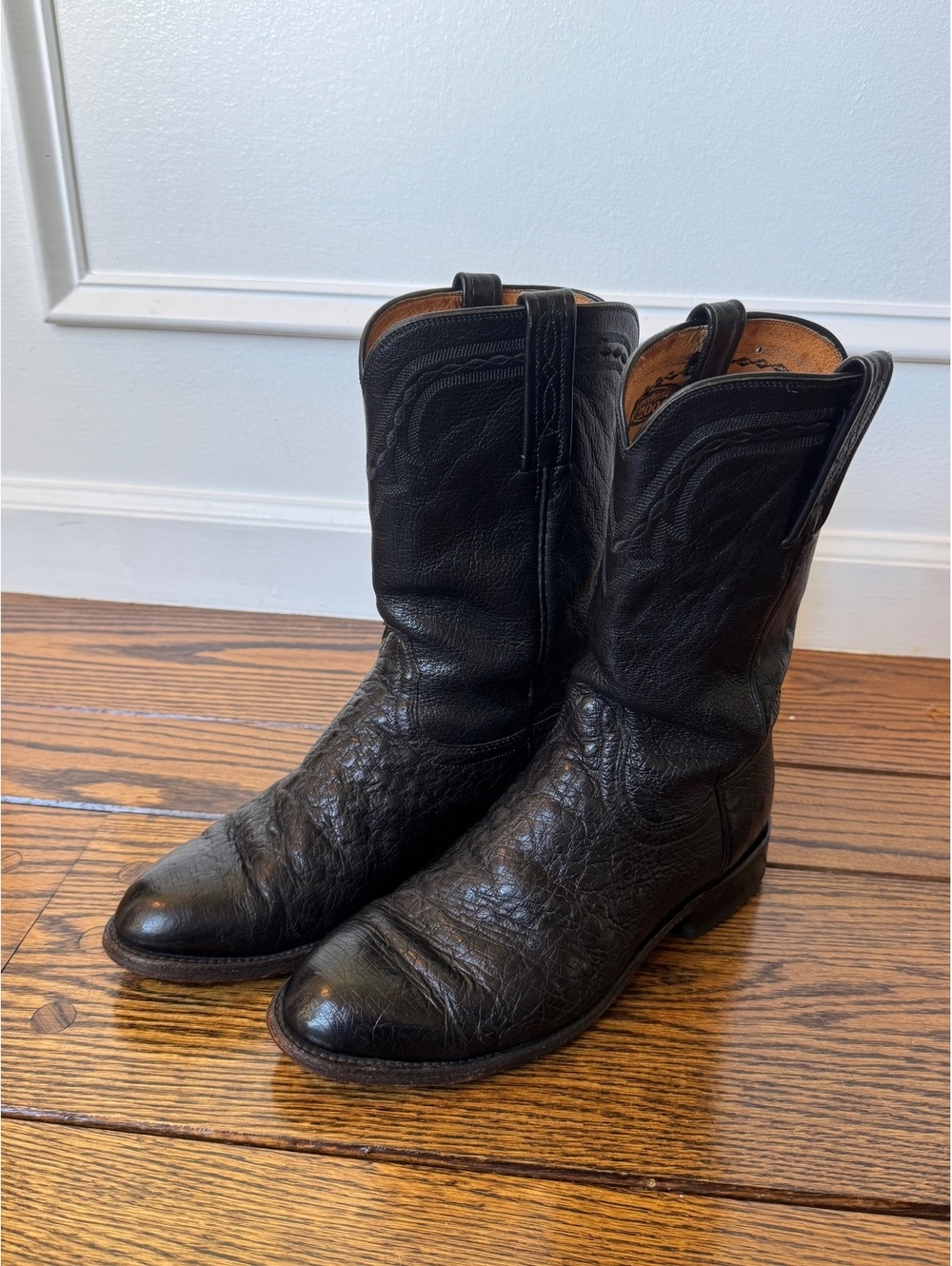 Lucchese 2000 Black Smooth Ostrich Roper Cowboy Boots, Men’s Size 8 2E, T007602